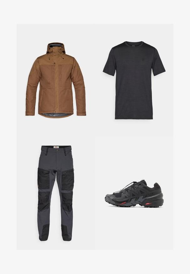 Hnedá izolovaná bunda s kapucňou, predným zipsom a patentnými uzávermi, dvoma vreckami na hrudi a po stranách, a nastaviteľnými zápästnými popruhmi.; Čierne tričko s krátkymi rukávmi vyrobené z hladkej, ľahkej tkaniny. Má okrúhly výstrih a vyšívané logo na hrudi.; Sivé vonkajšie nohavice s čiernymi akcentmi, vyrobené z odolného materiálu. Obsahujú viacero vreciek a vystužené kolená pre zvýšenú pevnosť.; Čierne bežecké topánky so syntetickým zvrškom, textúrovaným dizajnom a kontrastnými červenými akcentmi. Obsahujú zabezpečený systém šnúrovania a robustnú podrážku.