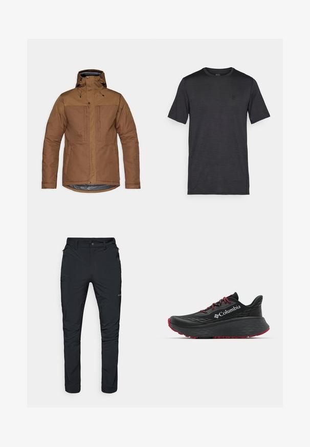 Rjava izolirana jakna s kapuco, sprednjim zadrge in gumbi, dvema žepoma na prsih in ob straneh ter nastavljivimi zapestnimi trakovi.; Črna kratka majica s kratkimi rokavi, izdelana iz gladkega in lahkega materiala. Ima okroglo ovratnico in vezeno logo na prsih.; Črne zunanje hlače s ravnim krojem, opremljene z žepi na zadrgo, zankami za pas in lahkotno, trpežno teksturo tkanine.; Črne atletske čevlje s teksturiranim zgornjim delom, rdečimi vezalkami in logotipom. Debel podplat s patternom za boljši oprijem. Minimalistična zasnova, stranski pogled.