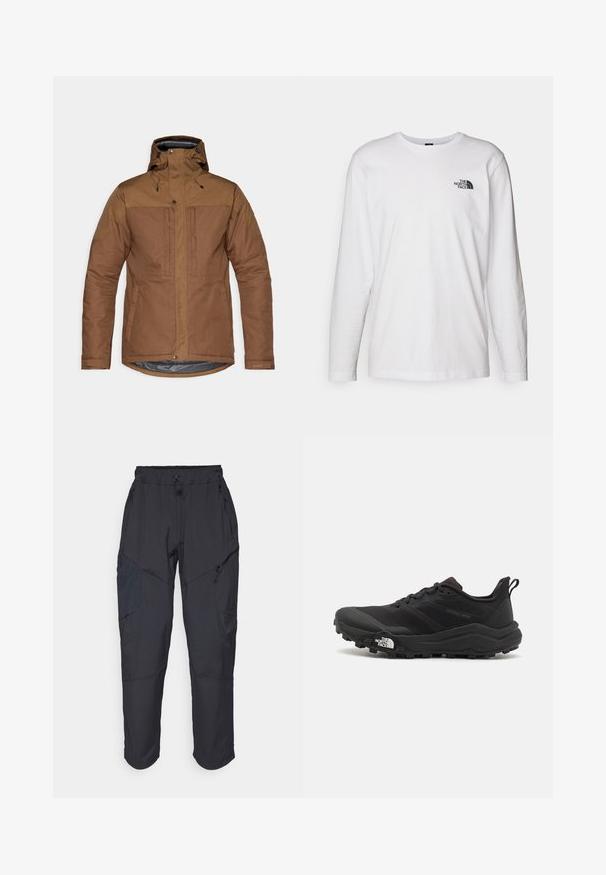 Braune isolierte Jacke mit Kapuze, Frontreißverschluss und Druckknopfverschlüssen, zwei Brust- und Seitentaschen sowie verstellbaren Handgelenkriemen.; Weißes langärmliges T-Shirt aus Baumwolle mit Rundhalsausschnitt. Verfügt über ein kleines schwarzes Logo auf der Brust. Glatte Textur, reguläre Passform.; Schwarze Cargo-Hosen aus leichtem, wasserabweisendem Material; verfügen über einen elastischen Bund, mehrere Reißverschlusstaschen und schmal zulaufende Beine.; Schwarzer Trailrunning-Schuh mit strukturiertem Obermaterial, Gummisohle und verstärkter Zehenkappe. Verfügt über einen gepolsterten Kragen und eine Ziehlasche für einfaches Anziehen.