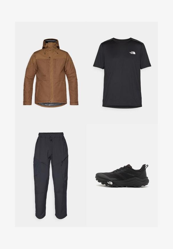 Chaqueta aislante marrón con capucha, cremallera frontal y cierres a presión, dos bolsillos en el pecho y laterales, y correas ajustables en las muñecas.; Camiseta negra de manga corta hecha de tejido ligero. Presenta un pequeño logo blanco en el lado izquierdo del pecho y sutiles acentos en los hombros.; Pantalones cargo negros hechos de un material ligero y resistente al agua; cuentan con una cintura elástica, múltiples bolsillos con cremallera y piernas ajustadas.; Zapatilla de trail running negra con upper texturizado, suela de goma y puntera reforzada. Presenta un collar acolchado y una lengüeta para poner y quitar fácilmente.