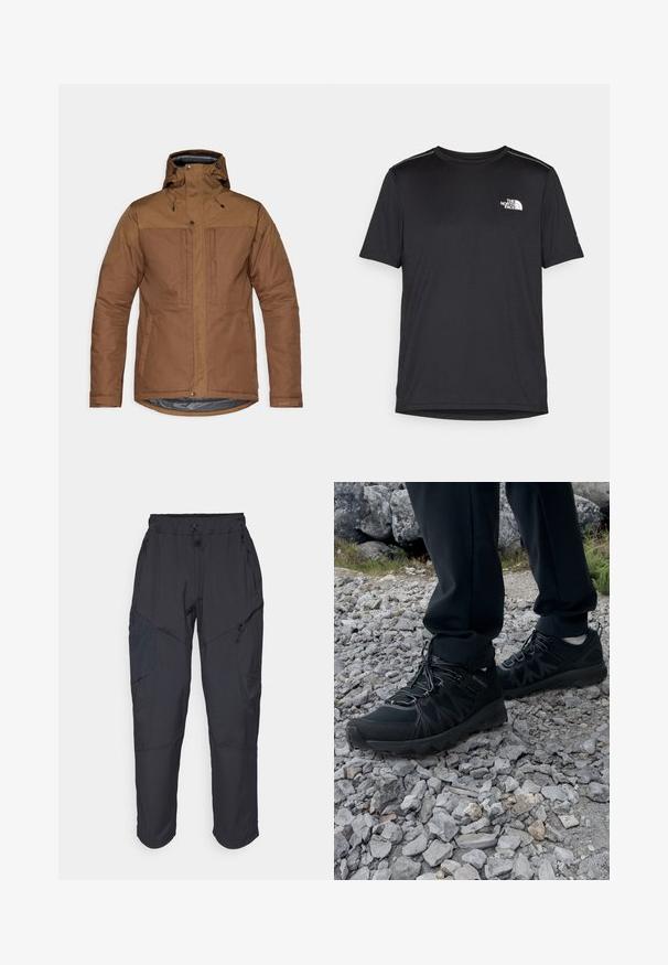 Brown insulated jacket with hood, front zipper and snap closures, two chest and side pockets, and adjustable wrist straps.; Black short-sleeve T-shirt made from lightweight fabric. Features a small white logo on the left chest and subtle shoulder accents.; Black cargo pants made from a lightweight, water-resistant material; features elastic waistband, multiple zippered pockets, and tapered legs.; Black outdoor shoes with mesh and synthetic material, featuring a textured upper, secured lacing system, and a rugged outsole, on rocky terrain.