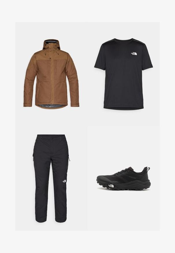 Brun isolerad jacka med huva, framdragkedja och tryckknappar, två bröstfickor och sidofickor, samt justerbara handledsremmar.; Svart kortärmad T-shirt i lättviktig tyg. Har en liten vit logotyp på vänster bröst och subtila axeltoner.; The North Face WINTER EXPLORATION TAPERED CARGO - Friluftsbyxor - black; Svart terränglöparsko med en strukturerad ovandel, gummisula och förstärkt tåhätta. Har en vadderad krage och en dragflik för enkel påtagning.