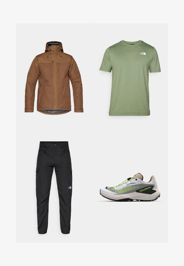 Pruun isolatsiooniga jakk kapuutsiga, ees lukuga ja nööpnõela sulgemistega, kaks rinna- ja küljetaskut ning reguleeritavad randme rihmad.; Õlivarjundiga lühikeste varrukatega T-särk, mis on valmistatud pehmest kangast. Omab ümmargust kaelust ja valget logo vasakul rinnal. Ühtlane tekstuur kogu ulatuses.; The North Face HORIZON PANT - Õuepüksid - black; Salomon GENESIS - Metsajooksu tossud - white/oxford tan/green gecko