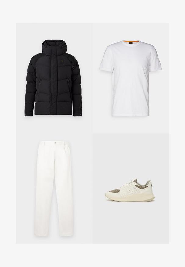 Casaco puffer preto com gola alta e capuz. Apresenta um design acolchoado, dois bolsos laterais com fecho de correr e detalhes contrastantes nos ombros.; T-shirt de algodão branco com decote redondo, mangas curtas e um logo em relevo discreto no peito. A etiqueta interior tem um detalhe laranja.; Calças brancas feitas de um tecido suave, com um design de perna reta, pregas frontais e um fecho de botão único na cintura.; Sapatilha atlética branca e bege claro, com parte superior em malha, detalhes perfurados e uma entressola texturizada com marcação no calcanhar.