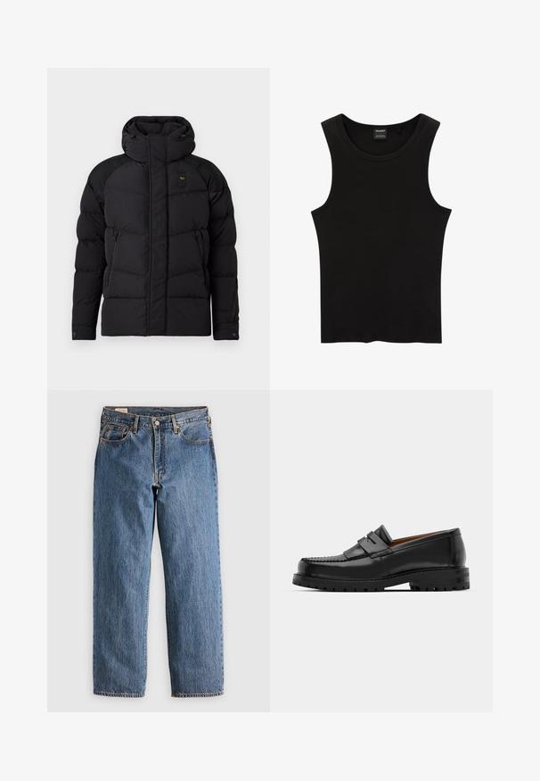 Sort pufferjakke med høj krave og hætte. Har quiltet design, to sidelommer med lynlås og kontrastfarvede skulderdetaljer.; Sort ribbet tanktop med rund halsudskæring og brede ærmegab, lavet af en blød, strækbar stof. Mærke: Pull&Bear.; Blå denimjeans med lige snit, der har høj talje, kobbernitter og orange syninger. Foran og bagpå er der lommer.; Sorte læder loafers har en forhøjet søm, to dekorative remme på overdelen og en tyk struktureret sål for bedre greb.