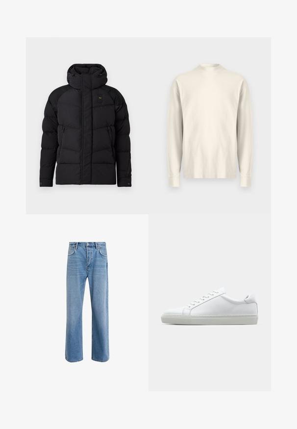 Black puffer jacket with a high collar and hood. Features quilted design, two side zip pockets, and contrasting shoulder accents.; Long-sleeve, mock-neck shirt in light cream cotton. Smooth texture, relaxed fit, minimalist design, no visible patterns or accents.; Light blue denim jeans with a straight-leg design, five pockets, button closure, minimal fading, and contrasting stitching details.; White sneaker with a smooth leather upper and a low profile. Features a rounded toe, six eyelets, and a textured rubber sole.