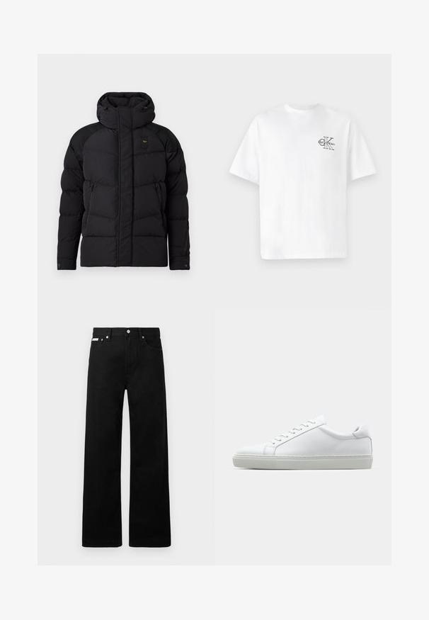 Crna puf jakna s visokim ovratnikom i kapuljačom. Ima kvadratni dizajn, dva bočna zip džepa i kontrastne naglaske na ramenima.; Bjela pamučna majica kratkih rukava, okruglog izreza, s crnim CK logom na lijevoj strani prsnog dijela, standardnog kroja, glatke teksture.; Crne traperice širokog kroja, s pet džepova i metalnim dugmadi. Glatka tekstura, bez vidljivih uzoraka.; Bijela tenisica s glatkim kožnim gornjim dijelom i niskim profilom. Ima zaobljen vrh, šest rupica za vezanje i teksturiranu gumenu podlogu.