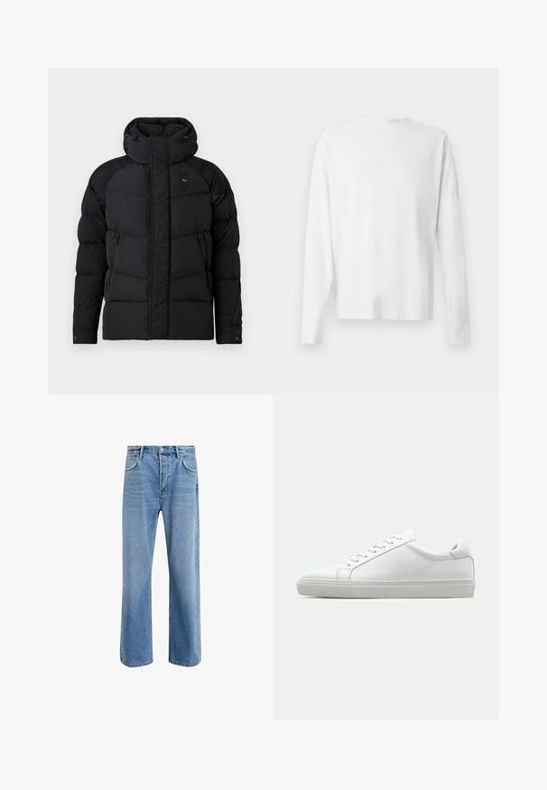 Sort pufferjakke med høj krave og hætte. Har quiltet design, to sidelommer med lynlås og kontrastfarvede skulderdetaljer.; Langærmet hvid bomulds skjorte med rund halsudskæring, sideslids i bunden og en glat overflade, vist bagfra.; Lyseblå denim jeans med lige ben-design, fem lommer, knaplukning, minimal falming og kontraststingdetaljer.; Hvide sneakers med en glat læderoverdel og lav profil. Har en rund tå, seks snørehuller og en tekstureret gummisål.