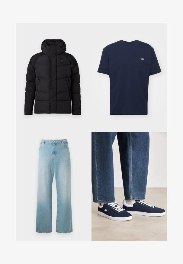 Sort pufferjakke med høj krave og hætte. Har quiltet design, to sidelommer med lynlås og kontrastfarvede skulderdetaljer.; Marineblå bomuldstrøje med korte ærmer, rund halsudskæring og et lille grønt krokodillelogo på venstre bryst. Blød tekstur, afslappet design.; Lys blå wide-leg jeans lavet af denim. Har høj talje, frontlommer og en ren kant. Blød tekstur med en falmet finish.; Blå canvas sneakers med hvide snørebånd og gummisåler, præsenteret sammen med denimbukser og grå ribbestrikkede sokker, på en lys grå overflade.