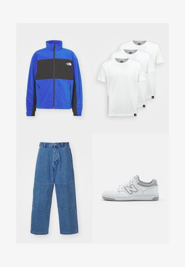 The North Face EASY WIND TRACK JACKET - Letná bunda - blue/black; Tri obyčajné biele bavlnené tričká s krátkym rukávom. Každé tričko má okrúhly výstrih a malú čiernu nálepku s logom na ľavej strane.; Svetlomodré denimové nohavice s uvoľneným strihom, s dvoma odlišnými panelmi látky, predným zapínaním na gombík a širokými nohami.; Biele kožené tenisky so šedými akcentmi, obsahujúce perforovaný špičkový box, ploché šnúrky a vzorovanú podrážku. Logo New Balance na boku.