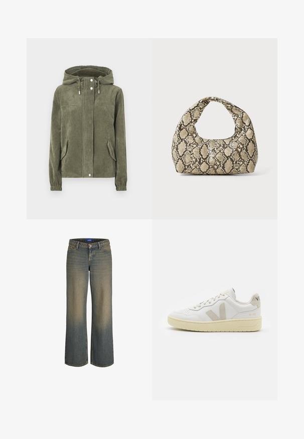 Jachetă din catifea verde cu glugă, dotată cu un fermoar pe întreaga parte din față, șnururi, două buzunare laterale și manșete ribbate.; Bluză albă cu mâneci lungi, cu guler ondulat, detaliu pliat pe față și manșete elasticizate. Material moale cu o finisare ușor texturată.; Jeans din denim albastru cu picioare largi, cu un gradient de la deschis la închis, design cu cinci buzunare și sistem de închidere cu buton. Detalii cusute pe margini.; Pantofii sport din piele albă cu accente din suede bej, cutie pentru degete perforată, șireturi plate și o talpă texturată de crem. Prezintă branding subtil pe călcâi.; Geantă cu imprimeu de șarpe, având un mâner curbat. Fabricată din materiale texturate, bej și maronii, cu un model distinctiv în formă de diamant.