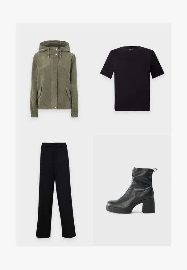 Zelena korduroj jakna s kapuljačom, koja ima puni prednji zatvarač, vezice, dva bočna džepa i rebraste manžete.; Crna majica kratkih rukava s okruglim izrezom, izrađena od mekane pamučne tkanine. Jednostavan dizajn, bez vidljivih logotipa ili uzoraka.; Crne široke hlače od glatkog materijala, s klasičnim pojasom koji se zatvara dugmetom i prednjim naborima.; Crne gležnjače od glatke kože, s bočnim zatvaračem, debelim teksturiranim potplatom i dizajnom s zaobljenim prstima.