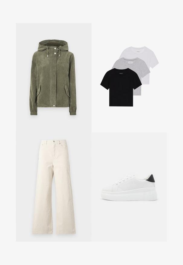 Grön kordflöjelsjacka med huva, som har en hel dragkedja fram, snoddar, två sidofickor och ribbade ärmslut.; Set med tre kortärmade t-shirts i svart, grått och vitt. Tillverkade av bomull, med rund hals och en enkel, enfärgad design.; Beige vida byxor i bomull med knappstängning fram, sidofickor och en mjuk textur. Minimalistisk design utan mönster.; Vita plattformssneakers gjorda av slät syntetiskt material, med rund tå, snörningsdesign och en texturerad gummisula. Svart hälaccent.