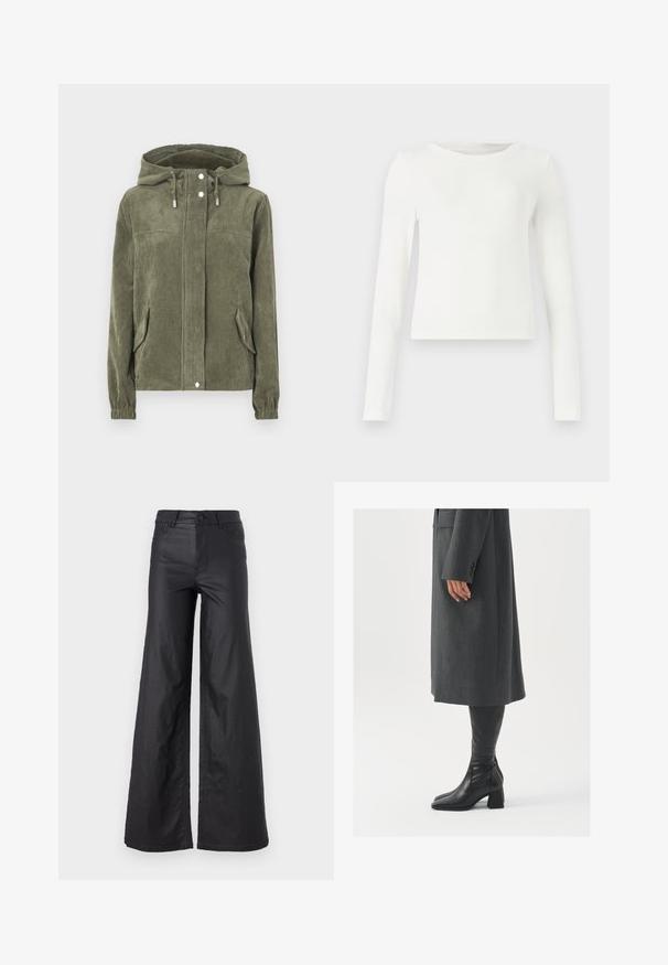 Zelená kordurová bunda s kapucí, vybavená plným předním zipem, šňůrkami, dvěma bočními kapsami a ribbovanými manžetami.; Bílé dlouhé rukávy žebrované tričko s kulatým výstřihem. Hladký povrch, přiléhavý střih a žádné viditelné vzory ani akcenty. Jednoduchý a minimalistický styl.; Černé kalhoty s širokými nohavicemi ze syntetické kůže. Mají vysoký pás, poutka na opasek, dvě přední kapsy a prošívané detaily.; Šedý padnoucí kabát s rovnou siluetou; kombinovaný s černými koženými botami nad kolena s hranatou špičkou a masivním podpatkem.