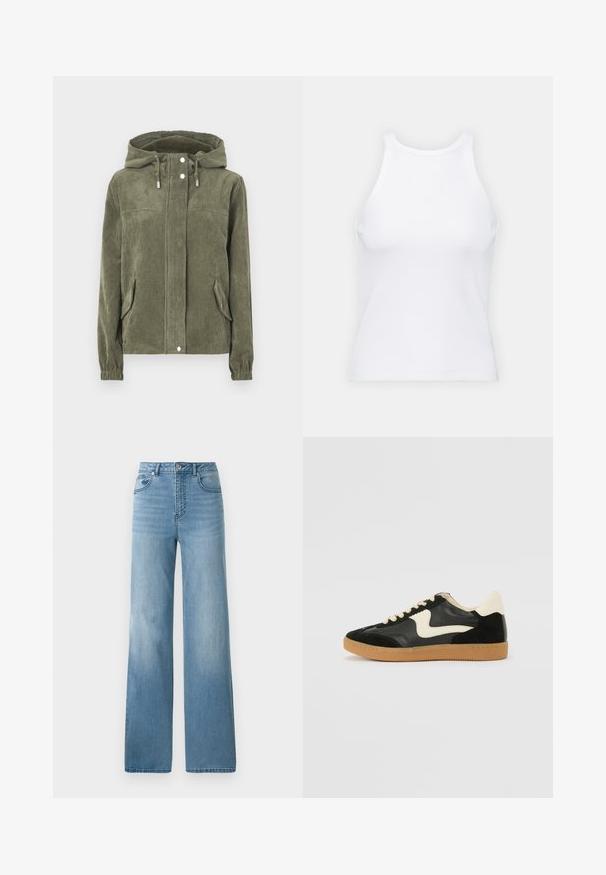 Zelena korduroj jakna s kapuljačom, koja ima puni prednji zatvarač, vezice, dva bočna džepa i rebraste manžete.; Bijela majica bez rukava napravljena od rebraste tkanine, s okruglim izrezom i uklapajućim siluetom, s minimalnim šavovima i bez ukrasa.; Svijetloplavi traperice visokog struka s ravnim krojem. Izrađene od denima, imaju pet džepova i zatvaranje na gumbe.; Crna nubuk i kožna tenisica s kremastim bočnim swooshom i svijetlom kremastom petom. Sadrži bež vezice i gumu na potplatu.