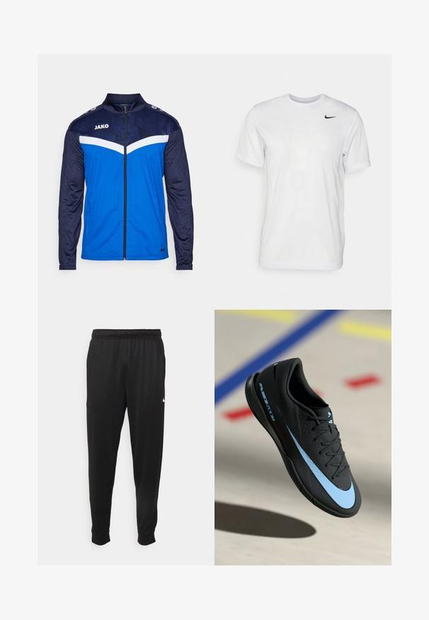 JAKO ICONIC - Training jacket - blau; White short-sleeve t-shirt made of smooth fabric. Features a round neck and a small black Nike logo on the left chest.; Black athletic pants made of smooth fabric, featuring an elastic waistband, tapered legs, and a small white logo on the left side.; Black athletic shoe with blue accents, textured surface, lace-up design, and distinctive Nike logo. Rubber sole with grip patterns.