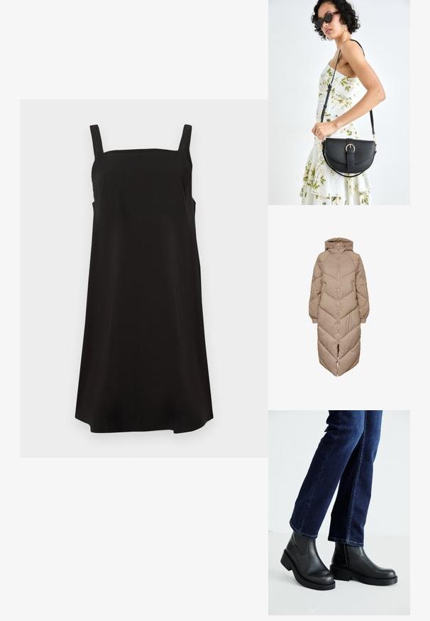 Lång beige pufferjacka med huva, med ett chevron-mönster, framsida med dragkedja och elastiska ärmslut, utformad för värme och täckning.; Svart ärmlös klänning med fyrkantig halsringning, tillverkad av ett slätt tyg, med en lös passform och rak skärning. Inga synliga mönster eller detaljer.; Svarta läderankelskor med tjock sula och sidodelar i elastisk material, kombinerade med mörkblå jeans. Markytan är i ljus färg.; Svart läderhandväska med en böjd form, avtagbar rem och guldiga detaljer. Väskan har ett lock med en spänndetalj.