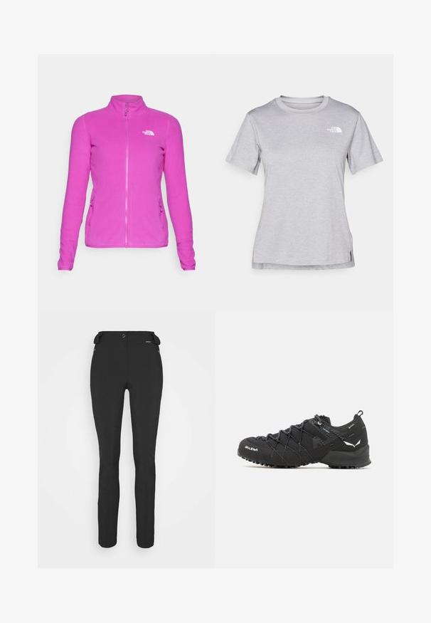 The North Face 100 GLACIER - Fleecejacka - deep mulberry; Grå kortärmad t-shirt i mjukt, fuktavledande tyg. Har en rund halsringning och en liten vit logotyp på övre vänstra sidan.; Svarta, åtsittande byxor tillverkade av ett flexibelt material. Funktioner inkluderar en ficka med dragkedja på sidan, artikulerade knän och en jämn yta.; Svarta vandringsskor med ett texturerat tygöverdrag, snörningssystem och slitstark gummisula. Prydda med reflekterande detaljer och logotyper.