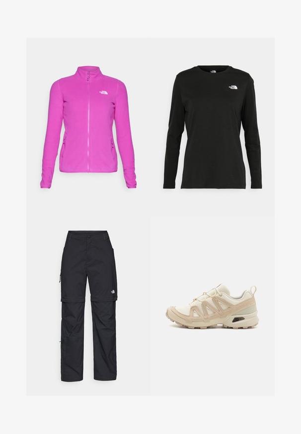 The North Face 100 GLACIER różowy; Czarna koszulka z długim rękawem z bawełny z okrągłym dekoltem. Posiada niewielkie białe logo po lewej stronie na piersi. Prosty design i fason.; Czarne nylonowe spodnie cargo z odpinanymi nogawkami, regulowanymi mankietami, wieloma kieszeniami oraz logo na prawej nogawce. Gładka, lekka tekstura.; Beżowe i kremowe buty sportowe z teksturowanej siateczki, wspierającymi nakładkami oraz gumową podeszwą z wzorem bieżnika zapewniającym przyczepność.