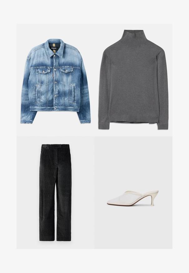 Télikabát, világos kék árnyalataival, amelyen degradé hatás látható. Két mellzsebével, fém gombjaival és festékszórásos részleteivel rendelkezik. Klasszikus gallérral és egyenes szabással készült.; Szürke garbó pulóver, puha anyagból készült, hosszú ujjak, bordás nyak és szegély jellemzi, laza szabású. Sima textúra és egyszerű design.; Fekete, textúrált, bő szárú nadrág, hangsúlyos szövettel, elülső redőkkel és lapos derékpánttal. Klasszikus dizájn, amely sokoldalúságot biztosít.; Fehér hálós, hegyes orrú mules cipő, vékony, középmagas sarkával és slip-on kialakításával, egyszerű háttér előtt.