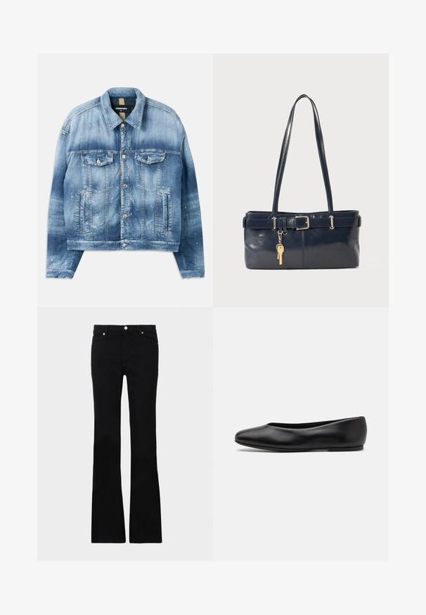 Džínová bunda, svetlo modrá s gradientným efektom. Obsahuje dve náprsné vrecká, kovové gombíky a detaily s farbou. Klasický golier a rovný strih.; Svetlo béžový skrátený sveter so zipsovým vysokým golierom, s textúrovaným vzorom a rebrovanými manžetami a spodným lemom. Kombinuje pletené a tkané materiály.; Čierne rozšírené džínsy vyrobené z denimu, s dvoma prednými vreckami, zapínaním na gombík a hladkým povrchom. Viditeľné podpisové šitie na švoch.; Paul Smith TOPANGA - Balerínky - black; Námornícka kožená kabelka s dvoma dlhými uchami, detailom s prackou a pripojeným kľúčovým držiakom. Má hladkú textúru a obdĺžnikový tvar.