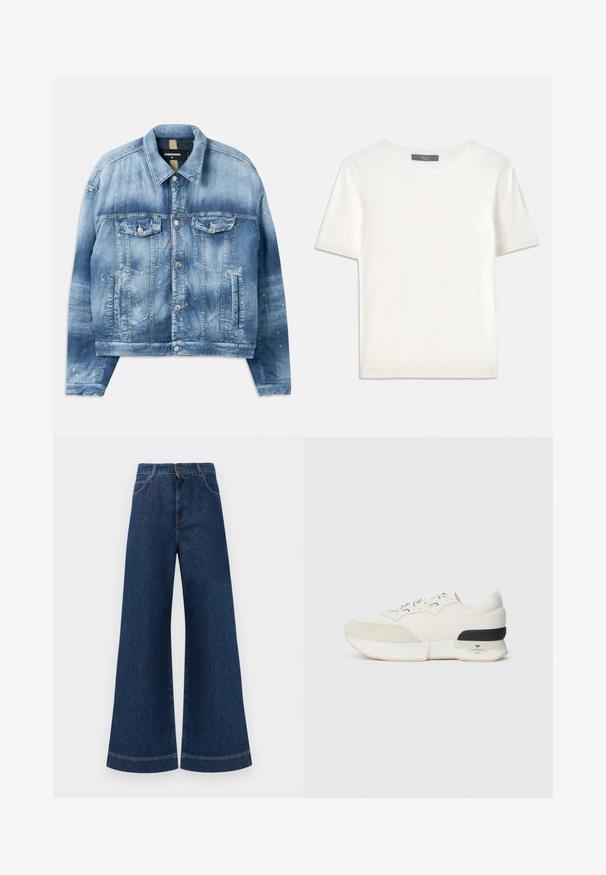 Džinsinė striukė, šviesiai mėlyna su gradientiniu efektu. Pasižymi dviem krūtinės kišenėmis, metaliniais mygtukais ir dažų dėmėmis. Klasikinis apykaklės modelis ir tiesus siluetas.; Baltas trumpas rankovėmis megztinis su apvaliu kaklu, pasižymintis lygia tekstūra ir subtiliais raštuotais akcentais rankovėse bei apykaulyje.; Plati mėlynos džinsinės kelnės su aukštu liemeniu, turinčios mygtukų užsegimą, diržo kilpas ir subtilius siuvinėjimo akcentus ant kišenių bei apdailos.; Balti sportiniai bateliai su tekstūruotu zomšiniu priekiu, sklandžiu tinkliniu viršumi, dekoratyviomis raištelėmis ir juodu guminiu kulno akcentu.