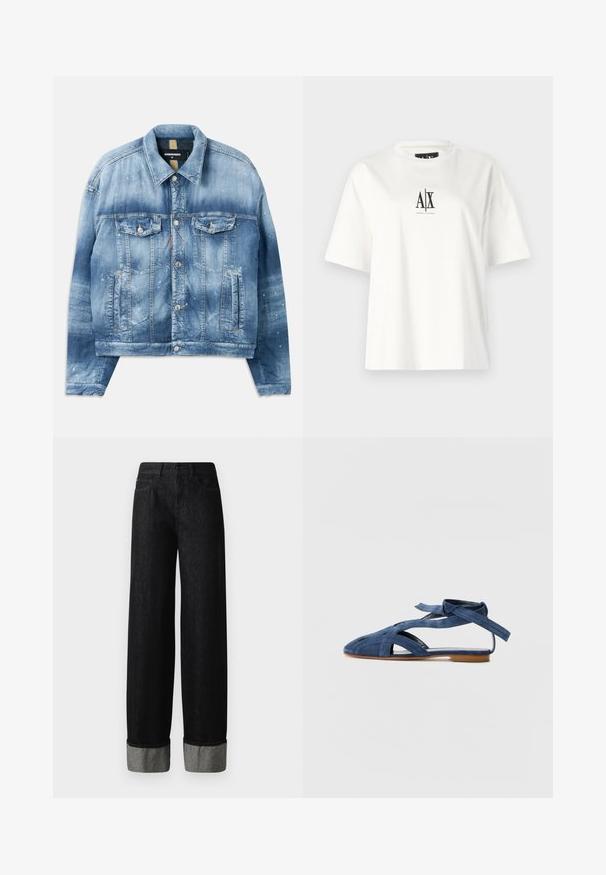 Denimjacke, hellblau mit einem Verlaufseffekt. Verfügt über zwei Brusttaschen, Metallknöpfe und Farbspritzerdetails. Klassischer Kragen und gerade Passform.; Weißes Baumwoll-T-Shirt mit kurzen Ärmeln, lockerem Schnitt und schwarzem Logo-Druck in der Mitte der Vorderseite. Glatte Textur, keine zusätzlichen Muster.; Schwarze weit geschnittene Jeans aus Denim mit einem dunklen Waschung, ausgestattet mit grauen Cuffs und einem Fünf-Taschen-Design. Breiter Bund mit Knopfverschluss.; Emporio Armani Riemensandalette - blue