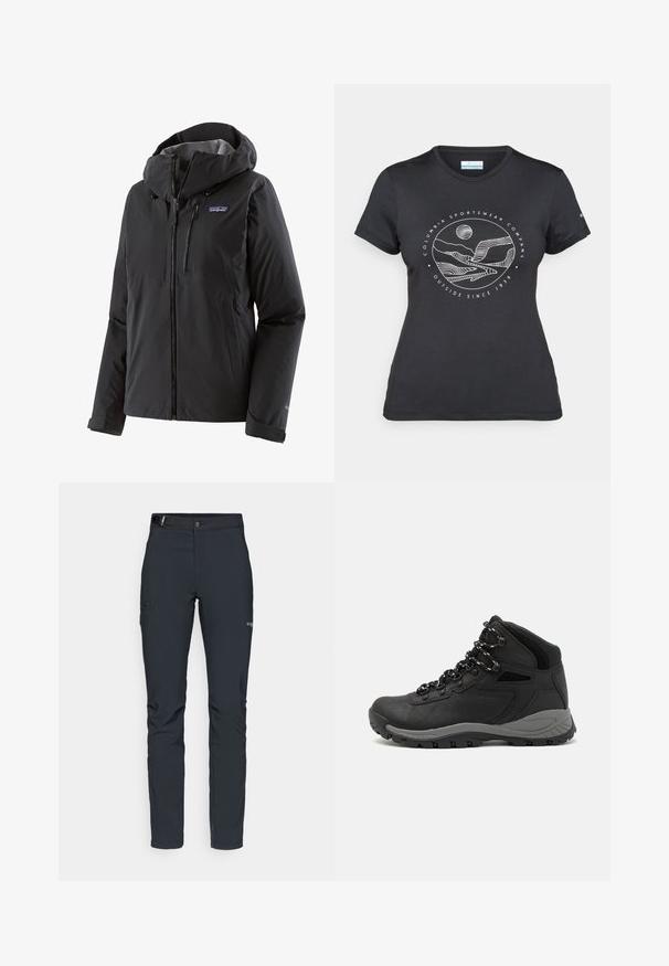 Patagonia GRANITE CREST RAIN - Hardshell-jope - black; Musternine Columbia T-särk mustas värvuses, millel on valge ümmargune mägi ja jõe joonistus ning tekst "Columbia Sportswear Company Outside Since 1938."; Meeste välkpüksid, tumehallid, valmistatud paindlikest materjalidest, vöökohaga, tõmblukuga taskud ja tugevdatud õmblused.; Mustarjaline matkasaabas, millel on keskmine disain, tekstuuriga ülemine osa, hallid aktsendid ja vastupidav kummist põhi, millel on haardelugesid.