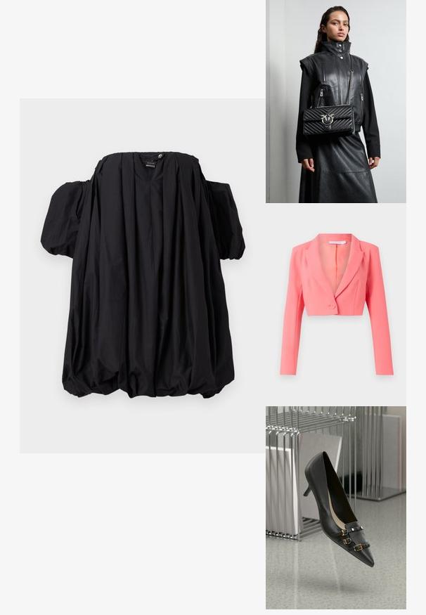 Erinevates korallitoonis lühendatud bleiser, valmistatud siledast kangast, omab lõigatud kraed, ühte nööpi sulgemist ning pikki varrukaid koos ees olevate õmblustega.; Musthave musta off-the-shoulder pluus volüümikate, paksude varrukatega ja kogutud alumise servaga. Valmistatud kergest kangast, millel on sile tekstuur.; Mustad musta nahast kontsaking, mille terav nina on kaunistatud kahe rihma ja kuldsete pandlatega ning mustade nupudega. Sile tekstuur ja graatsiline kujundus.; Must must vest kõrge krae, lukuga taskud ja must vooderdatud käekott hõbedase riistvaraga, kantud koos pika musta seelikuga.