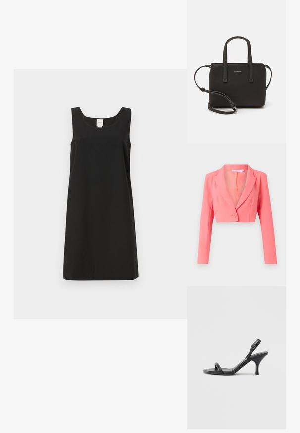 Cropped blazer in bright coral, made of smooth fabric, features a notched lapel, single button closure, and long sleeves with front seams.; Black sleeveless dress with a square neckline and straight cut, made from soft fabric. Features minimal design and no visible hardware.; Black leather high-heeled sandals with a slim, curved heel and a crossed strap design. Adjustable ankle strap. Smooth texture.; Black handbag with dual short handles and a removable shoulder strap. Smooth leather-like material with a zip closure and logo detail.