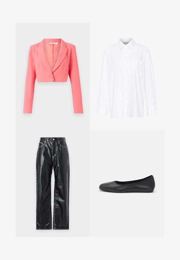 Erinevates korallitoonis lühendatud bleiser, valmistatud siledast kangast, omab lõigatud kraed, ühte nööpi sulgemist ning pikki varrukaid koos ees olevate õmblustega.; Valge pika käisega krae särg, mis on valmistatud puuvillast. Omab nööbipaneeli esiosa ja ühte rinna taskut. Sujuv tekstuur, vabalt lõigatud.; Mustad kunstnahk püksid laia sääre lõikega, valgete õmblustega, esi-taskutega ning kuldse nupuga vöökoha juures.; Musthave mustika tantsutossud mustast nahast, ümmarguse varbaga, siledast tekstuurist, minimaalse õmblusdetailiga ja paindliku tallakujundusega.