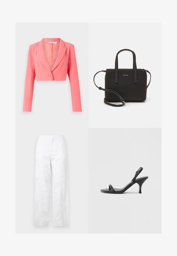Skraťený blejzer v jasnej koralovej farbe, vyrobený z hladkej tkaniny, s klopovým golierom, jedným gombíkom na zapínanie a dlhými rukávmi s prednými švami.; Biela bavlnená tričko s krátkymi rukávmi, okrúhlym výstrihom a voľným strihom. Hladká textúra, bez vzorov alebo akcentov, minimalistický dizajn.; Biele široké nohavice z ľahkej látky, s hladkou textúrou, čistými líniami a vysokým pásom.; Čierne kožené sandále na vysokom podpätku s štíhlym, zakriveným podpätkom a prekríženým pásikovým dizajnom. Nastaviteľný pásik okolo členka. Hladká textúra.; Čierna kabelka s dvojitými krátkymi rúčkami a odnímateľným ramenným popruhom. Hladký materiál podobný koži s uzatváraním na zips a detailom loga.
