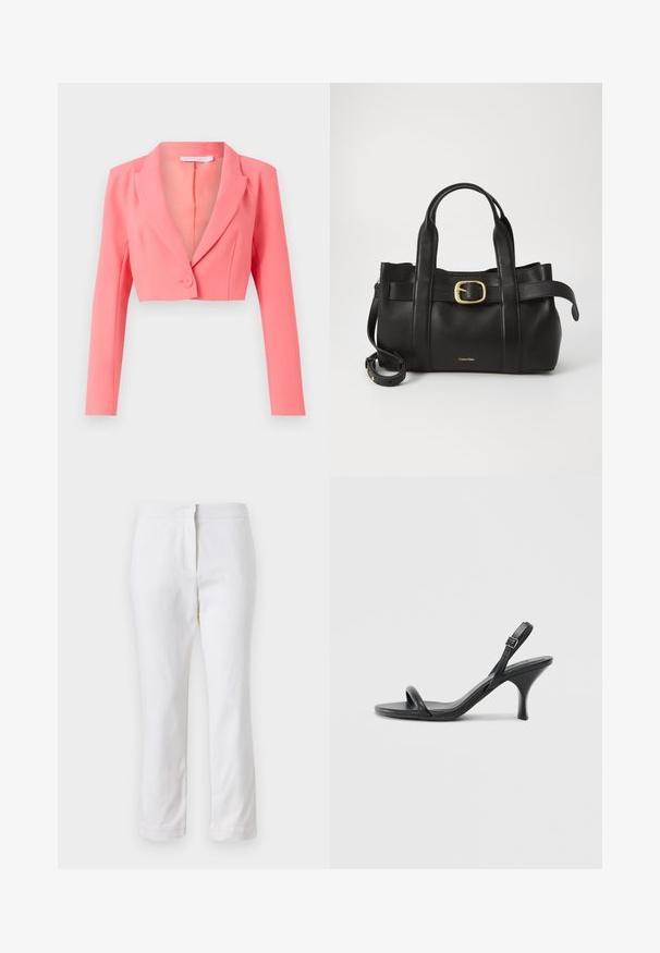 Cropped blazer in bright coral, made of smooth fabric, features a notched lapel, single button closure, and long sleeves with front seams.; White cotton t-shirt with short sleeves, round neckline, and a relaxed fit. Smooth texture, no patterns or accents, minimalistic design.; White cotton pants with a straight leg design, featuring a mid-rise waist and no visible hardware or patterns. Smooth texture throughout.; Black leather high-heeled sandals with a slim, curved heel and a crossed strap design. Adjustable ankle strap. Smooth texture.; Black leather handbag featuring a structured design, dual top handles, gold-tone buckle accent, and embossed brand logo at the front.