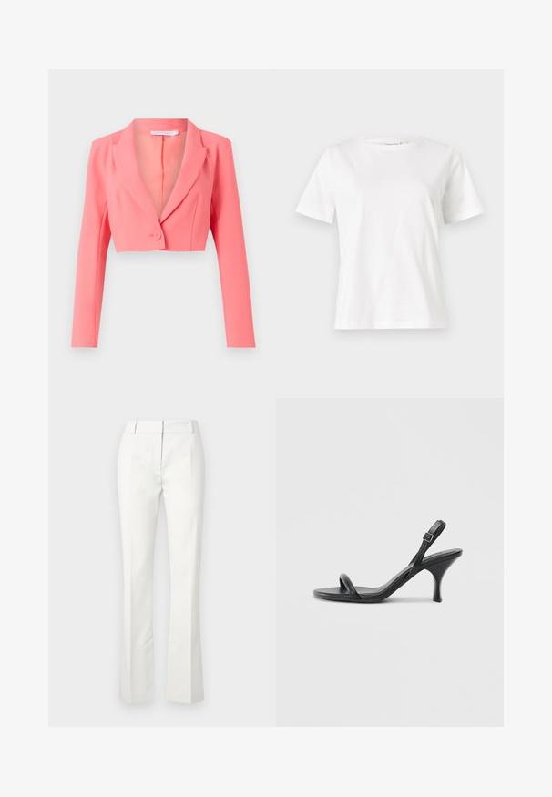 Blazer accorciato in un vivace corallo, realizzato in tessuto liscio, presenta un colletto a punta, chiusura con un singolo bottone e maniche lunghe con cuciture frontali.; T-shirt bianca in cotone con maniche corte, scollatura rotonda e vestibilità rilassata. Struttura liscia, senza motivi né accenti, design minimalista.; Pantaloni bianchi su misura con fondo svasato, caratterizzati da pieghe frontali e una texture liscia, realizzati in un tessuto leggero.; Sandali con tacco alto in pelle nera, con tacco sottile e curvo e design a fascia incrociata. Cinghia alla caviglia regolabile. Texture liscia.