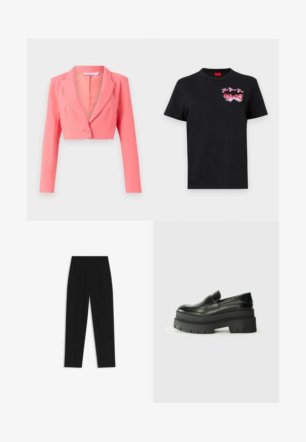 Cropped blazer in bright coral, made of smooth fabric, features a notched lapel, single button closure, and long sleeves with front seams.; Black cotton t-shirt with short sleeves featuring a pink graphic of sunglasses and text "Not Your Girl" on the left chest area.; Black trousers with a straight fit, featuring double pleats, a smooth texture, and a classic waistband design. No visible hardware or accents.; Black leather loafers with a chunky platform sole. Rounded toe, front seam detail, and subtle stitching accents. Flat, textured outsole.