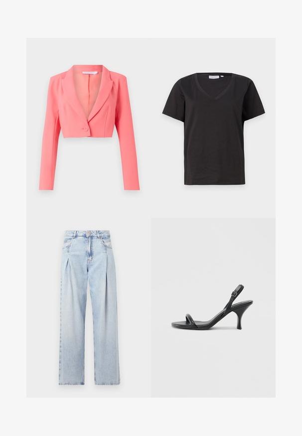 Kuttet blazer i lys korall, laget av glatt stoff, har notched klaff, enkelt knappelukk, og lange ermer med front sømmer.; Svart bomull T-skjorte med V-hals og korte ermer. Enkel design med vanlig passform og uten mønstre eller detaljer.; Lyseblå denimjeans med høy livlinje, vide ben, to sidelommer og plisserte detaljer. Myk tekstur med en falmet finish.; Sorte skinnhøye hæler med en slank, buet hæl og et kryssrem-design. Justerbar ankelrem. Glatt tekstur.