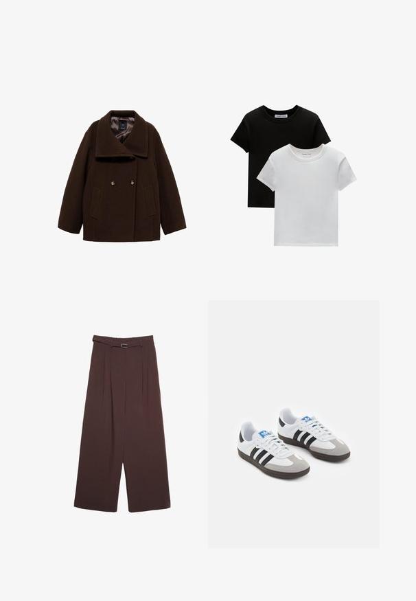 Brązowy płaszcz typu peacoat z szerokim kołnierzem, podwójnym zapięciem na guziki i dwoma bocznymi kieszeniami. Wykonany z mieszanki wełny, z guzikowymi akcentami i gładką podszewką.; Dwie koszulki z okrągłym dekoltem w kolorze czarnym i białym, wykonane z bawełny. Posiadają krótkie rękawy i jednolity kolor bez wzorów czy akcentów.; Stradivarius - Spodnie materiałowe; Buty sportowe z białą skórzaną cholewką, szarym zamszowym noskiem i trzema czarnymi paskami. Posiadają niebieskie logo na języku oraz teksturowaną gumową podeszwę.