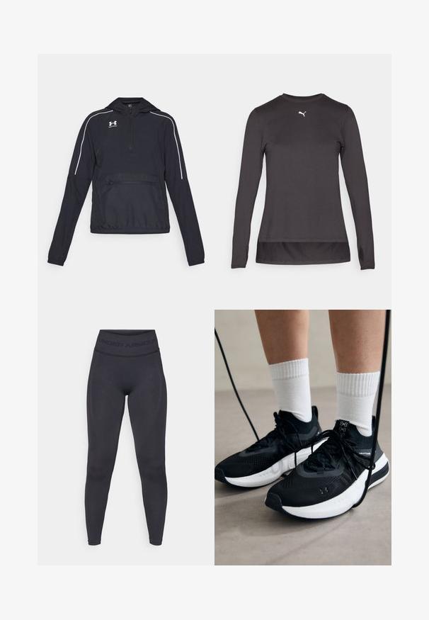 Giacca nera a pullover con cappuccio, zip frontale a metà, polsini e vita elasticizzati. Presenta linee di accento bianche e una tasca frontale con zip.; Maglietta atletica nera a maniche lunghe con scollatura rotonda, caratterizzata da un piccolo logo bianco sul petto e aperture per il pollice sui polsini. Tessuto liscio.; Leggings neri con una vita alta elastica con il testo "UNDER ARMOUR". Texture liscia con accenti di pattern discreti lungo le gambe.; Scarpe sportive nere con tessuto testurizzato, suola bianca e lacci neri. Indossate con calzini bianchi a costine, in piedi su una superficie chiara.