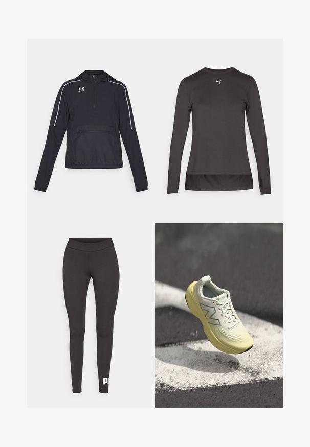 Casaco preto de pullover com capuz, frente com meia zip, punhos e faixa elástica na cintura. Apresenta linhas de destaque brancas e um bolso frontal com fecho zip.; Camisa atlética preta de mangas longas com um decote redondo, apresentando um pequeno logótipo branco no peito e buracos para os polegares nas mangas. Textura suave.; Leggings pretas feitas de um tecido elástico, com um cós alto e um logótipo branco impresso na parte inferior da perna esquerda. Textura suave.; Sapatilha de corrida amarelo claro com um superior texturizado, atacadores e uma sola acolchoada. Apresenta um logotipo prateado na lateral e um design elegante.