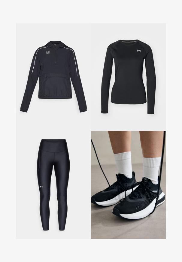 Must must sweatshirt, mille äärega kapuutsiga, poolelt luku ees, elastsed mansetid ja vöökoht. Omab valgeid aktsentjooni ja eespoolt lukuga taskut.; Must lâuhi keskmise käisteta sportlik särk, mis on valmistatud siledast kangast, ümmarguse kaelusega ning väikese valge logoga vasakul rinnal.; Mustad mustad, venitatud materjalist, kõrge vöökoht. Vasakul reie kohal on valge logo ning tihe disain.; Mustad mustad jalanõud tekstuuritud kangast, valge tallaga ja mustade paeltega. Kanna valgete soonikkudega sokkide sisse, seistes helesinisel pinnal.