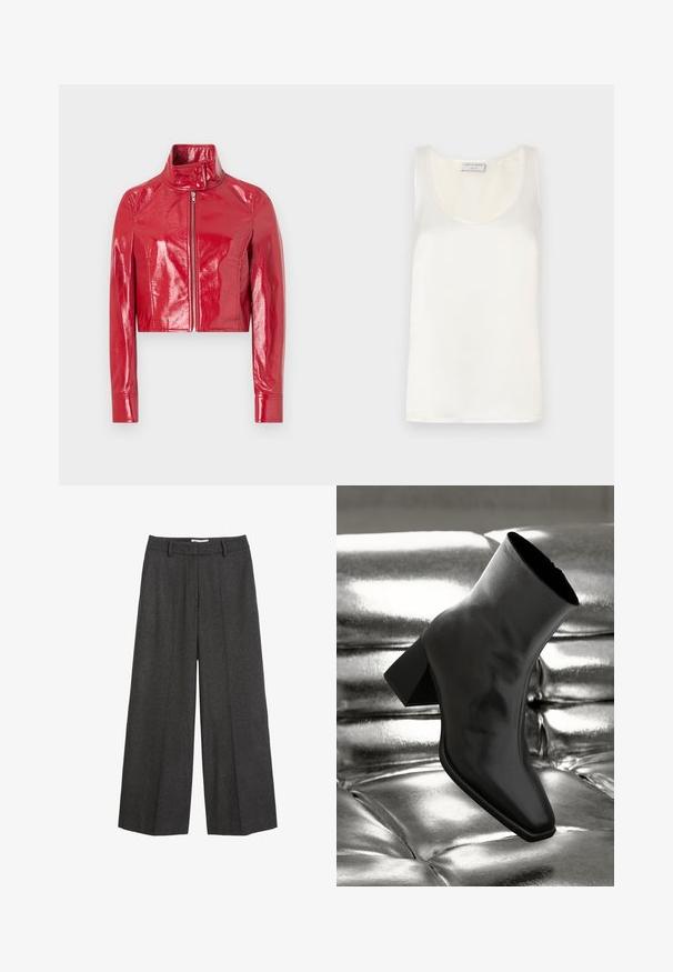 Zkrácená červená umělá kožená bunda s vysokým límcem, předním zipem a hladkým, lesklým povrchem. Dlouhé rukávy s užšími manžetami.; Bílé saténové tílko bez rukávů s kulatým výstřihem a hladkou texturou, s jemným leskem a čistými okraji.; Široké kalhoty v tmavě šedé tkanině. Mají upravený pas s poutky na pásek, hladkou strukturu a minimalistické švy.; Černá kotníková bota vyrobená z lesklého materiálu se čtveratou špičkou a zúženým podpatkem, umístěná na lesklém stříbrném prošívaném pozadí.