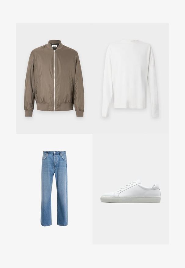 Casaco bomber taupe para homem com fecho de correr frontal, gola, punhos e bainha canelados, e bolsos laterais.; Camisa de algodão branca de mangas longas com decote redondo, fendas laterais na parte inferior e uma textura suave, mostrada de trás.; Calças de ganga azul claro com um design de perna reta, cinco bolsos, fecho de botão, desgaste mínimo e detalhes de costura em contraste.; Sapatilha branca com um cabedal em couro liso e de perfil baixo. Apresenta um bico redondo, seis ilhoses e uma sola de borracha texturizada.
