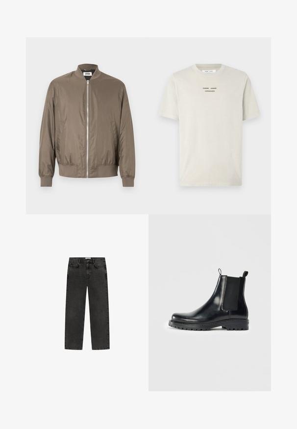 Men's taupe bomber jacket with front zipper, ribbed collar, cuffs, and hem, and side pockets.; Light beige cotton t-shirt featuring short sleeves, crew neck, and black printed text "SAMSE SAMSØ COPENHAGEN" centered on the chest.; Black denim jeans with a straight leg design, five pockets, and a button-fly closure. Features a subtle faded texture and stitching details.; Black leather Chelsea boots with elastic side panels, a loop-tab for easy wear, and a rugged rubber sole with a textured grip.
