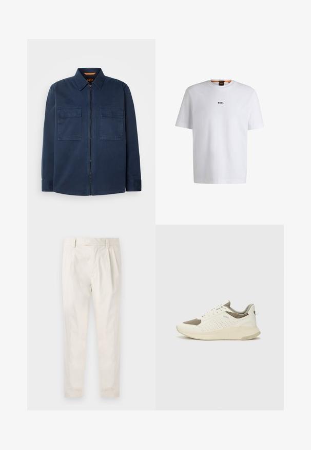 Námořnická modrá bunda s límcem, předním zipem a dvěma náprsními kapsami. Vyrobena z hladké látky s minimální texturou.; Bílý bavlněný tričko s krátkým rukávem, se středovým černým logem "BOSS" na hrudi a kulatým výstřihem.; Bílé, plisované kalhoty s upraveným střihem, které mají hladkou texturu, poutka na opasek a zúžené nohavice. Bez viditelných kapes nebo vzorů.; Bílé a světle béžové atletické tenisky, které mají síťovaný svršek, perforované detaily a texturovanou mezipodešev s logem na patě.