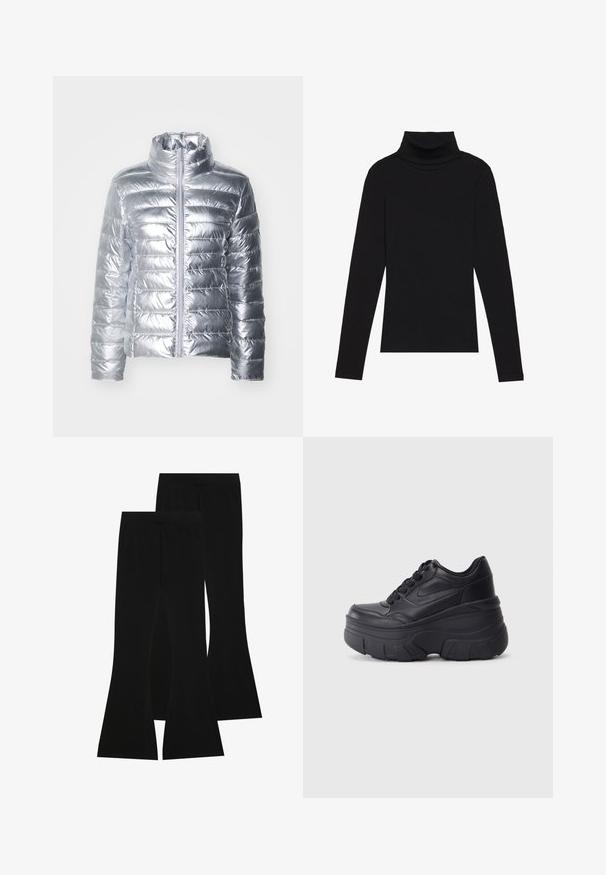 Sidabrinė pūkinė striukė su aukštu apykakle, turinti horizontalią siuvinėjimo struktūrą ir priekinį užtrauktuką. Medžiaga atrodo blizgi ir lygi.; Juoda turtleneko ilgo rankovės viršutinė dalis, pagaminta iš raukšlėtos medžiagos, turi prigludusią formą, aukštą apykaklę ir neturi jokių raštų ar akcentų.; Juodi platėjančių kojų džinsai, pagaminti iš elastingos medžiagos, turintys aukštą liemenį ir lygią tekstūrą, su prigludusia forma, kuri plinta nuo kelio.; Juodi lakuoti sportbačiai su masyviu padu, turintys sklandų odinį viršų, suapvalintą pirštą ir išskirtinį sluoksniuotą platformos dizainą.