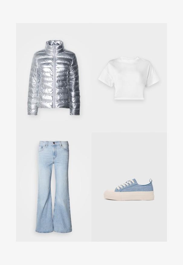 Hõbedane puhvarkja, millel on kõrge krae, horisontaalne tikandiga disain ja esiõmblusega lukuga. Materjal näeb välja läikiv ja sile.; Valge lühikeste varrukatega puuvillane lühikeste varrukatega t-särk. Ümara kaelusega, sileda tekstuuriga, juhuslik disain ilma mustrite ja kaunistusteta.; Hele sinised lehvikpõlvedega teksad, millel on kõrge vöökoht, teksakangas, viis taskut ja nööpidega sulgur. Püksisääred on laiad ja kergelt tuhmistunud viimistlusega.; Heledad sinised kangast tennisekingad koorevärvi kummist varbakatte ja taldaga, millel on valged paelad ja tõmblukk kandadel.