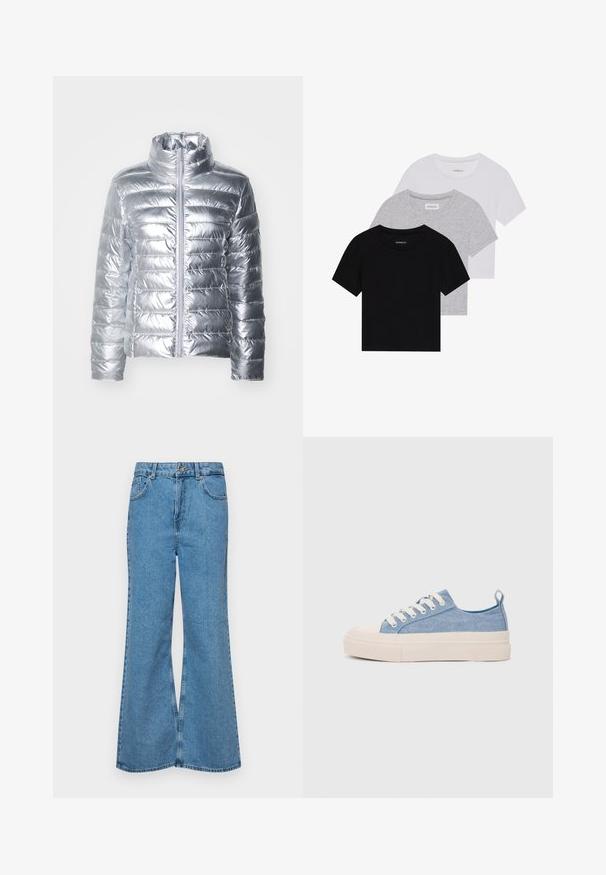 Silver puffer jacket with a high collar, featuring horizontal quilted design and a front zipper. Material appears glossy and smooth.; Set of three short-sleeve t-shirts in black, gray, and white. Made from cotton, featuring a crew neck and a simple, solid color design.; Light blue flared jeans made of denim, featuring a high waist, five pockets, and a single button closure. Soft texture with faded finish.; Light blue canvas sneakers with a cream rubber toe cap and outsole, featuring white laces and a pull tab on the heel.