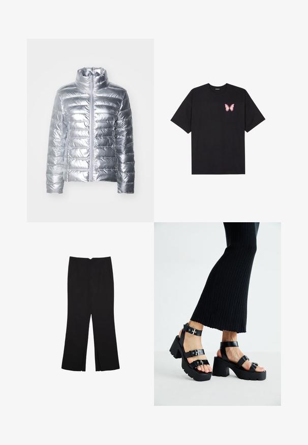 Sølv puffjakke med høj krave, der har horisontalt quiltet design og en frontlynlås. Materialet ser glat og blankt ud.; Sort bomulds T-shirt med korte ærmer, prydet med en lille pink sommerfugl grafik på venstre bryst. Rund hals design med en afslappet pasform.; Sorte bukser med lige pasform, der har frontlommer og slidser i kanten. Lavet af blødt, glat stof. Velegnet til forskellige anledninger.; Sorte platfromsandaler med kraftige, skridsikre såler og flere stropper, der har metalspænder og en glat læderlignende tekstur.