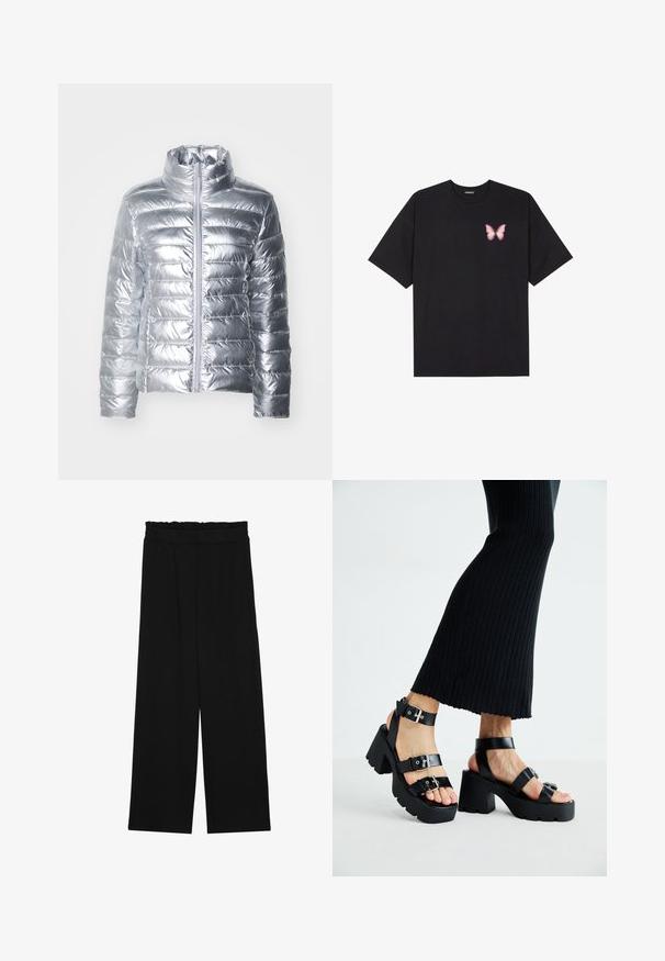 Stříbrná bunda z materiálu puffer s vysokým límcem, s horizontálním prošíváním a předním zipem. Materiál vypadá leskle a hladce.; Černé bavlněné tričko s krátkým rukávem, na levém prsou s malou grafikou růžové motýlky. Design s kruhovým výstřihem a volným střihem.; Černé široké nohavice s volánkovým pasem, které mají dvě boční kapsy a hladkou, lehkou tkaninu. Žádné viditelné vzory ani kovové prvky.; Černé platformové sandály s robustními podrážkami a několika řemínky, s kovovými sponami a hladkým koženkovým povrchem.