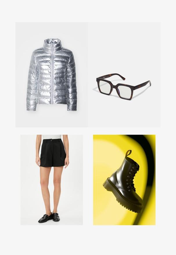 Sølv puffjakke med høj krave, der har horisontalt quiltet design og en frontlynlås. Materialet ser glat og blankt ud.; Even&Odd LAYA - Langærmet T-shirt - off white; Sorte skræddersyede shorts lavet af glat stof, med knaplukning, frynser foran og sidelommer. Egnet til afslappet brug.; Sort læder snørebundsko med tykk sål med mønster og gul syning, hængende mod en gul cirkulær baggrund.; Firkantede solbriller med en skildpaddeacetatramme og klare linser. Har brede stænger og en mat finish, der forbedrer den samlede holdbarhed.; Beige læder taske med en blød tekstur, rektangulær form, lynlås på toppen og en guldkæde-strop. Minimalistisk design og neutral farve.